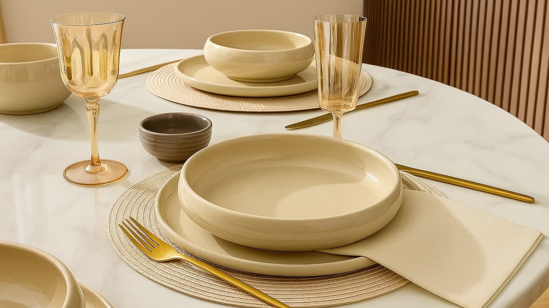 A beautiful arrangement of handmade pottery and crockery on a dark surface.